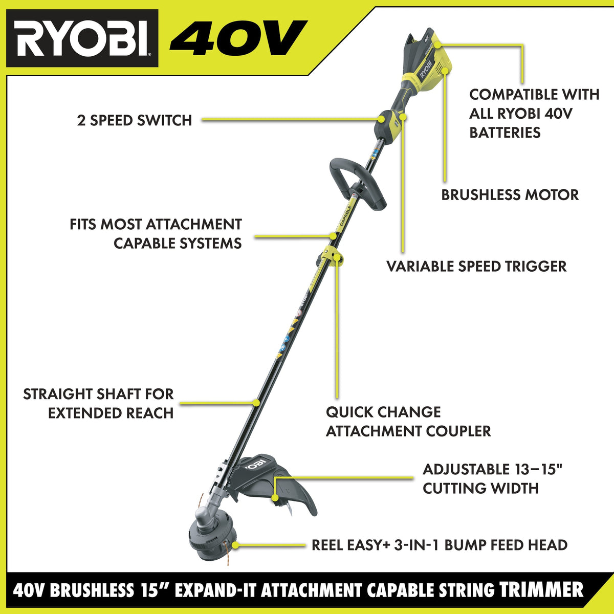 40V BRUSHLESS ATTACHMENT CAPABLE 15" STRING TRIMMER  Image 2